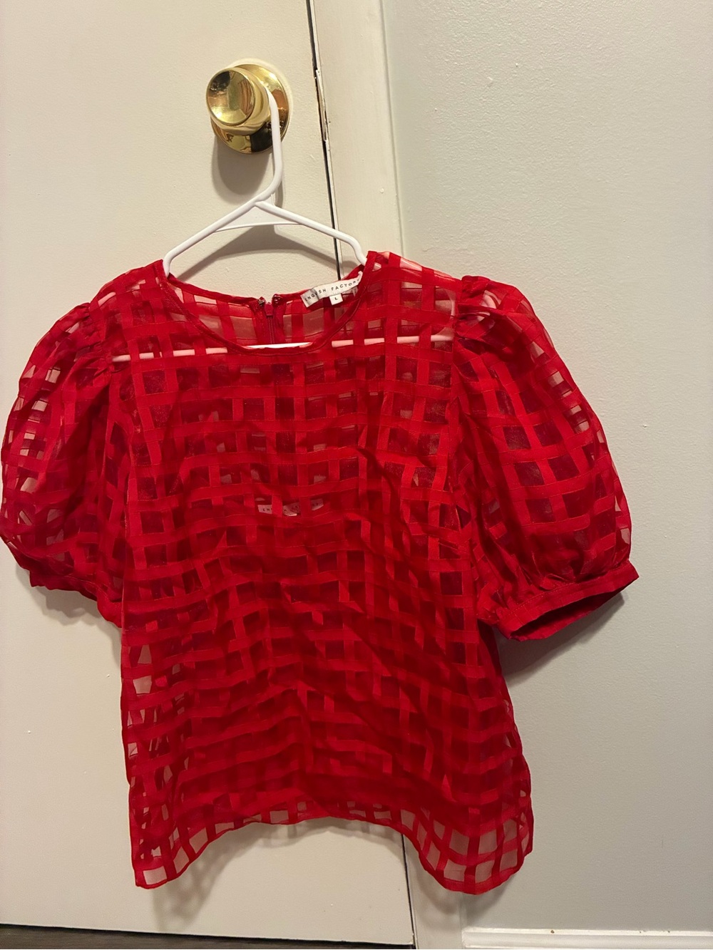 English Factory Red Sheer Check Puff-Sleeve Blouse